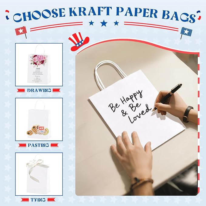 MESHA Gift Paper Bags 200 PACK 8x4.25x10.5'' White Medium Shopping Kraft Bags Bulk with Handles Reusable for Business Grocery Birthday Wedding Kids Party Favors(Made in USA)