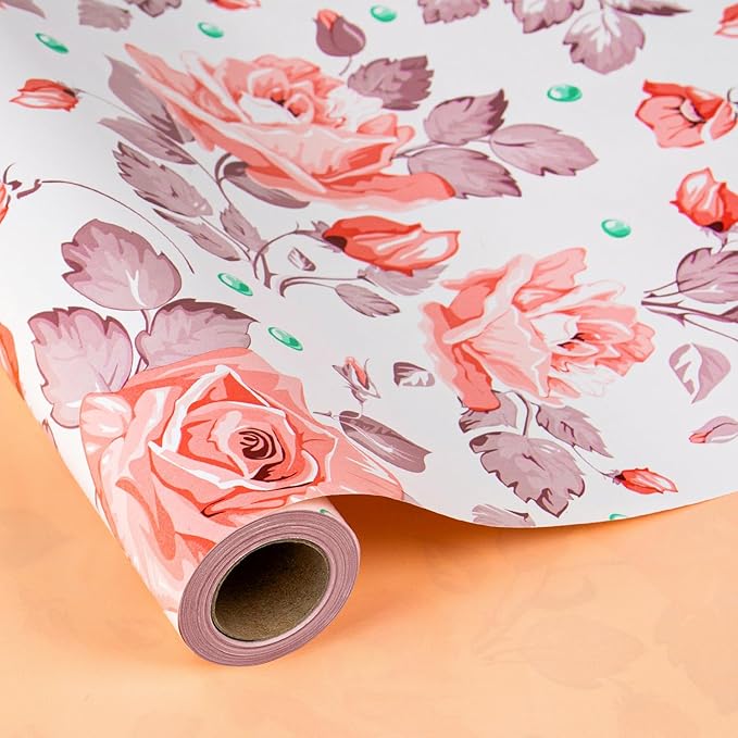 MAYPLUSS Flower Gift Wrapping Paper Roll - 17Inch x 33Feet - Luxury Elegant Floral with Gold Pattern Girl Gift Wrap Present Sheet for Wedding, Bridal Shower, Birthday, Engagement and Mother's Day