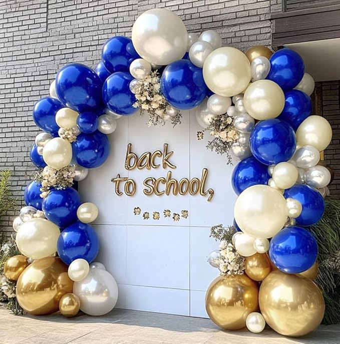 Royal Blue and Gold Balloon Garland - Double Stuffed Pearl Sand White Blue Gold Balloons Arch Kit for Birthday Graduation Anniversary Bachelorette Wedding Baby Shower Party Decoration