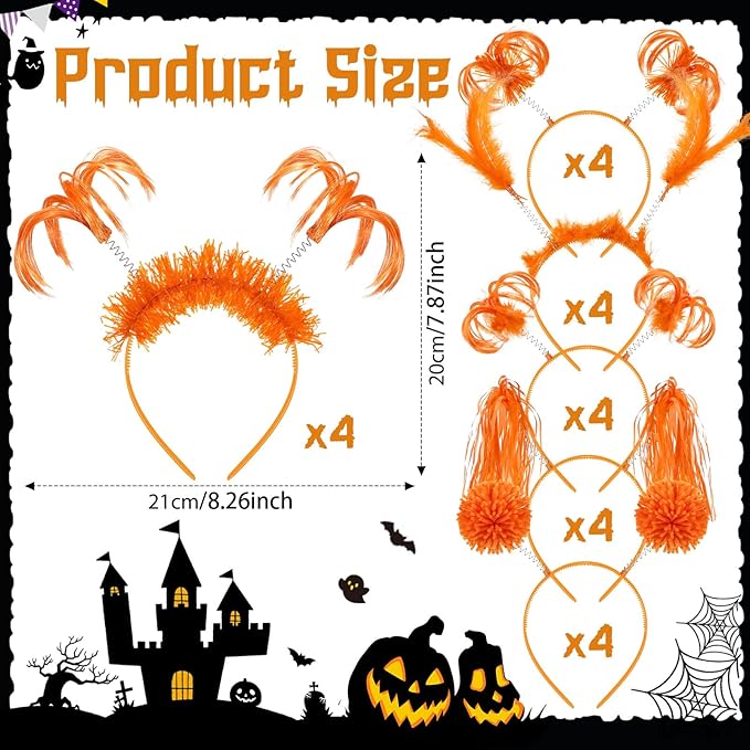 Censen 24 Pcs Pom Pom Headband Tinsel Wrapped Ponytail Head Bopper Costume Headwear Halloween Party Accessory