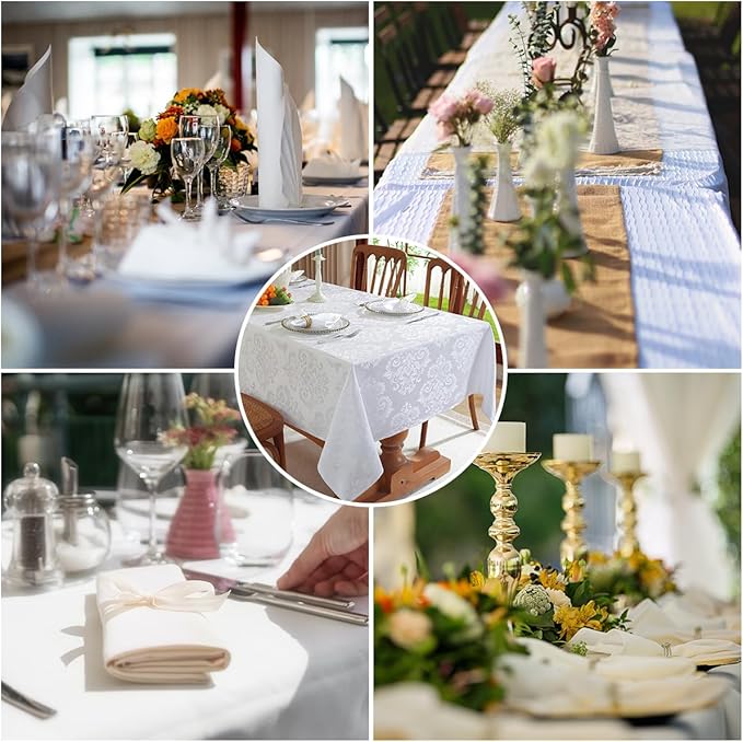 Damask White Tablecloth Square 52 x 52 Inch, Floral Jacquard Spill Proof Winkle Free Fabric Table Cloth, Soft Table Cover for Dining/Party/Wedding/Indoor/Outdoor, Square,Round 2-4 Seats