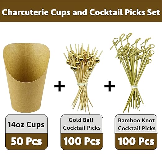 CAMKYDE [50 cups + 200 picks] 14 oz Disposable Charcuterie Cups with Sticks (Brown)