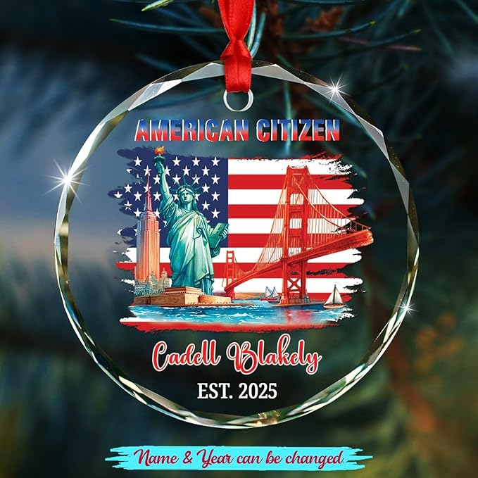 Personalized American Landmarks Xmas Ornament Gift for Citizenship Celebration, New US Citizen Glass Christmas Ornament 2025, Custom Year & Name American Citizen Xmas Ornament Gift for Family Friends