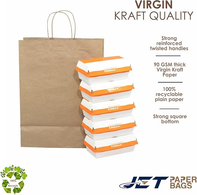 JET PAPER BAGS - 13”x7”x17” Inch [250 Pcs] Large Brown Paper Bags with Handles Prime for Takeout, Grocery, Goody, Retail, Party, Gifts, Weddings