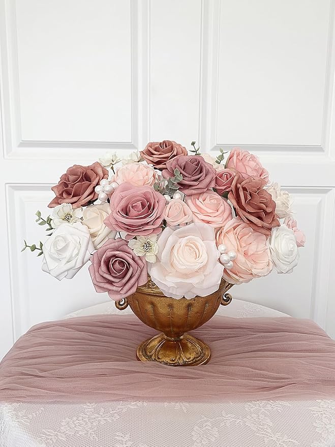 Pink Rose Artificial Flowers Dusty Fake Flower with Stems Bulk for DIY Wedding Bouquets Bridal Baby Shower Centerpiece Table Decorations Silk Faux Floral Arrangements Party Home Decor Indoor