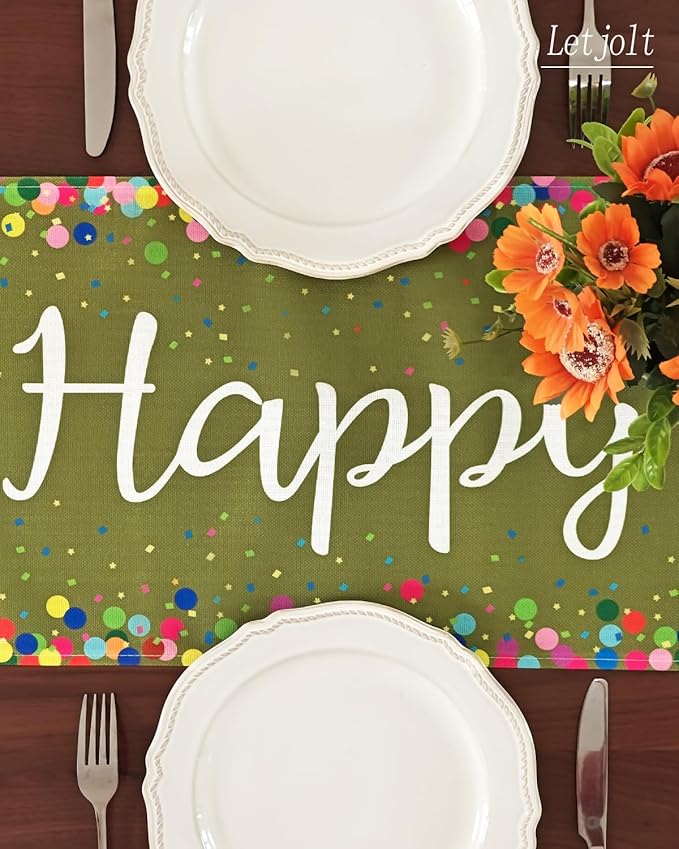 Letjolt Happy Birthday Table Runner 72 Inches Birthday Centerpieces for Tables Birth Day Party Sign Polka Dots Table Decoration, Olive Green