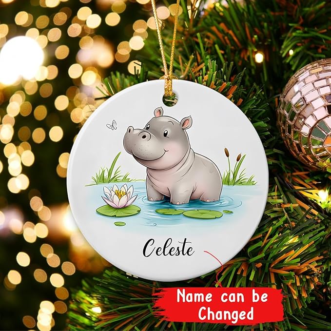 Baby Hippo with Nature Ornament, Hippo Christmas Keepsake with Customized Name, Cute Hippopotamus Ceramic Decoration, Gift for Family Friends Him Her Animal Lovers, Personalized Wild Animal Ornament