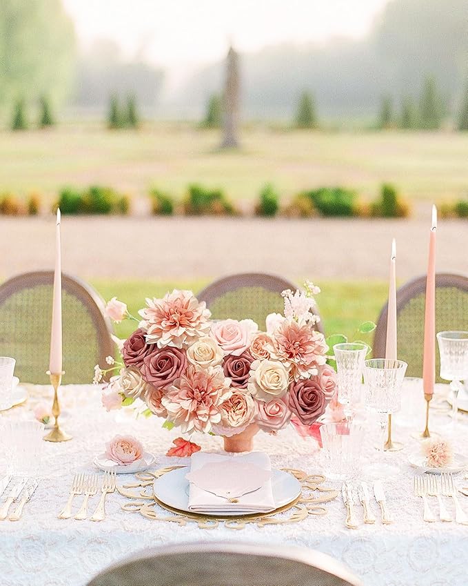 Pink Roses Artificial Flowers Fake Flower Bulk for DIY Wedding Bouquet Bridal Baby Shower Centerpiece Table Decorations Silk Faux Floral Arrangements for Party Home Decor Indoor Dusty Blush