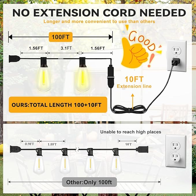 100+10FT LED Outdoor String Lights, Patio Deck Lights with 50+4 Shatterproof ST38 Edison Bulbs, Dimmable Warm White Waterproof Outside Hanging Lights Connectable for Backyard Porch Garden