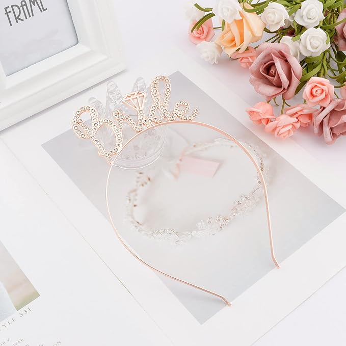 Bride to Be Headband - Bachelorette Party Decorations, Wedding Bridal Shower Favors, Bling Tiara Hair Accessories for Women and Girls, Rose Gold