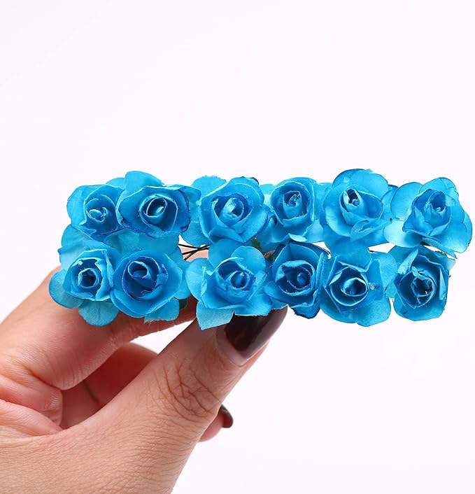 144pcs Mulberry Paper Mini Roses Artificial Flowers Heads with Stems for DIY Crafts Accessories Make Bridal Hair Clips Headbands Dress Wedding Bridal Bouquet Home Decor Valentine's (Turquoise Blue)