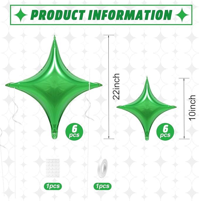 Green Balloons,12Pcs Four Angle Star Foil Balloons,26Inch and 10Inch Green Quadrangle Star Helium Balloon for Witch Birthday Anniversary Party Decorations