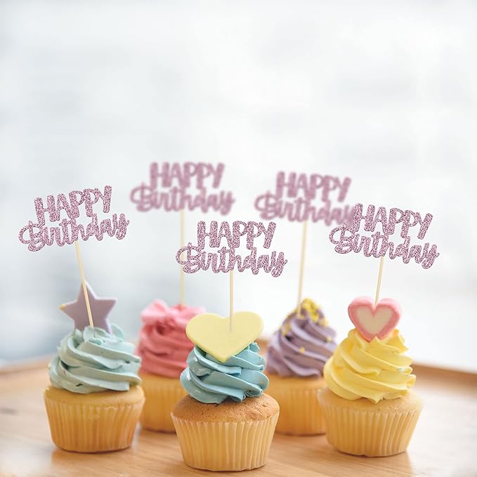 Gyufise 24pcs Happy Birthday Cupcake Toppers - Pink Glitter Celebrating Cake Picks - Baby Shower & Kids Party Decoration Supplies