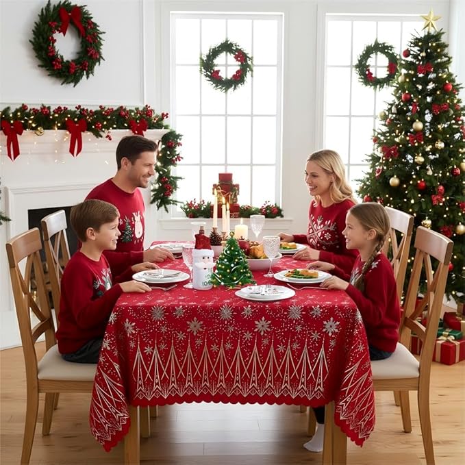 LUSHVIDA Christmas Rectangle Tablecloth – Washable Water Resistance Holiday Microfiber Table Cloth Decorative Table Cover for Banquet Party Kitchen Dining Room, 60 x 84 Inch