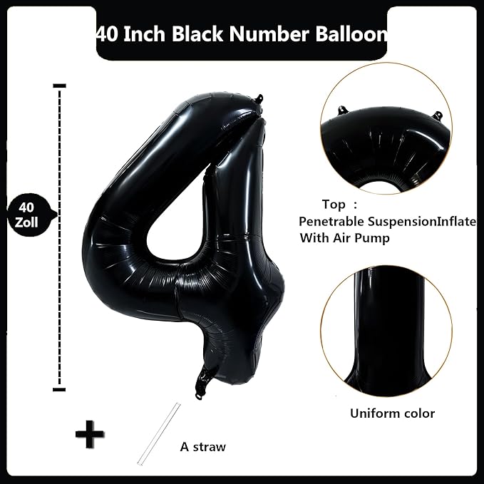 40 inch Black 4 Number Balloon Giant Foil Helium Balloons Black Large Digital Balloon 4 Number 4 Balloons for 4th Birthday Party Decorations Anniversary Events Decoration Supplies