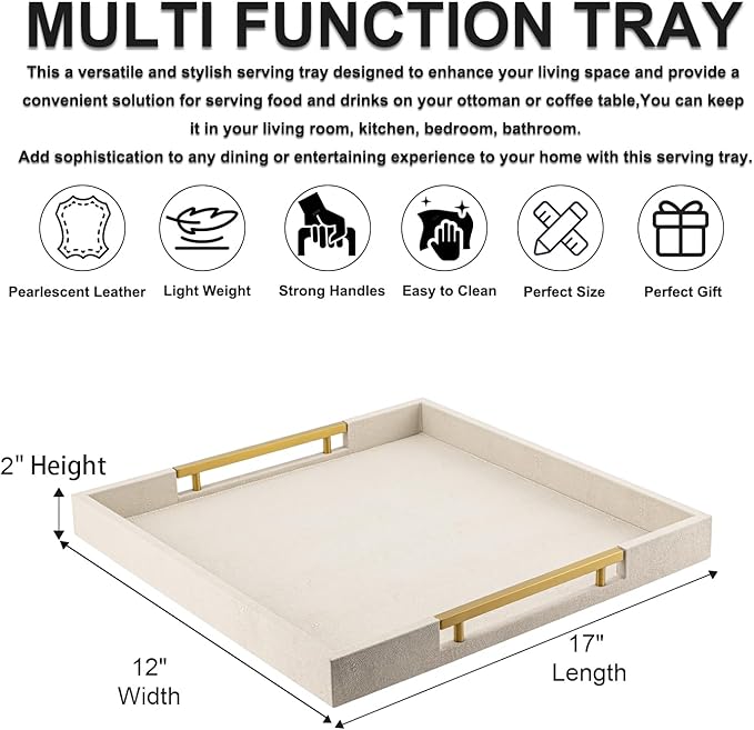 Beige Faux Leather Serving Tray with Handles – Large Decorative Tray for Coffee Table, Ottoman, Living Room, Bathroom – Home Decor