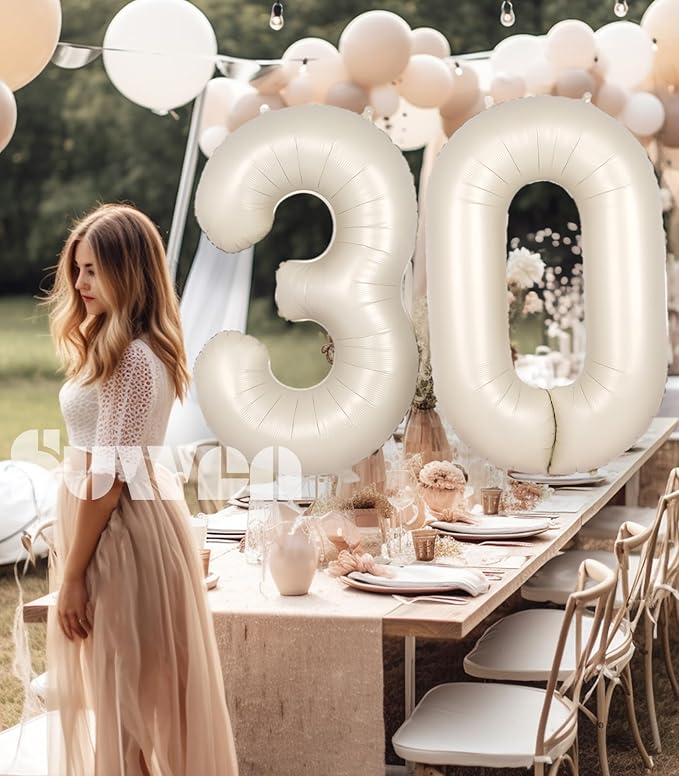 SUWEN 40 Inch Large Cream White 30 Balloon Numbers Big Foil Helium Number Balloons 0-9 Jumbo Happy 30th Mylar Birthday Party Decorations for Women or Men Anniversary Party Supplies