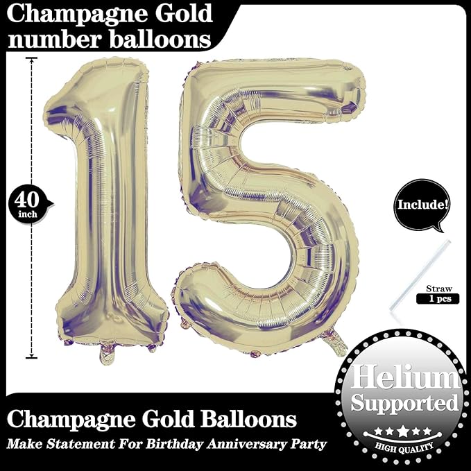 Champagne Gold 15 Number Balloons, 40 Inch Giant Number 15 Balloons Foil Mylar Helium Light Gold Number Balloons for 15th Birthday Party Supplies Anniversary Event Celebration Decorations