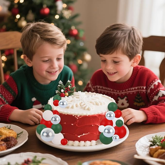 BEISHIDA 40 Pcs Ball Cake Toppers Red Green White Silver Sticks Foam Balls DIY Cake Topper Insert Balls Cake Decorations for Baking Christmas Party Decorations(Red, Green, White, Silver)