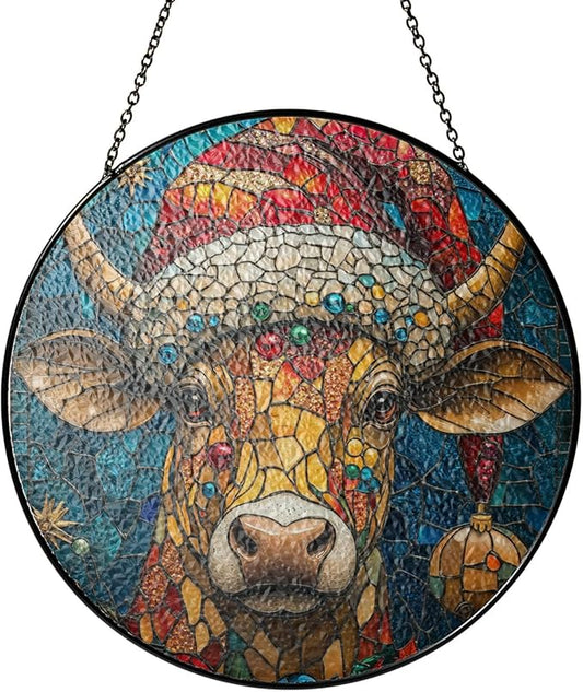 Cow Stained Glass Window Hanging Decor - Cow Christmas Hanging Ornament - Cow Christmas Decor - Hanging Ornament for Windows and Garden - Xmas Gift for Mom, Grandma, Women