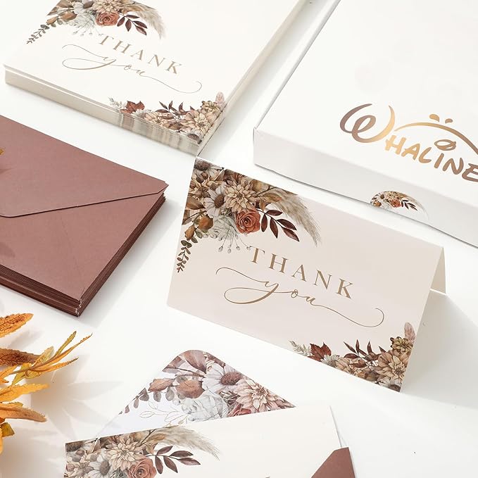 Whaline 50 Pack Boho Floral Thank You Cards Boxed Retro Flower Note Cards with Envelopes Stickers Fall Blank Card for Thanksgiving Bridal Shower Baby Shower Wedding Supplies, 4 x 6 Inch