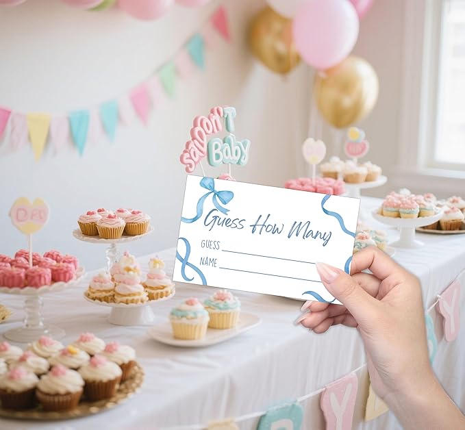 Baby Shower Games - Blue Bow Guess How Many Candies Are in the Jar Game, 1 Arch Acrylic Sign and 50 Guessing Cards, Gender Reveal Game, Blue Baby Shower Decoration Supplies (DT02)