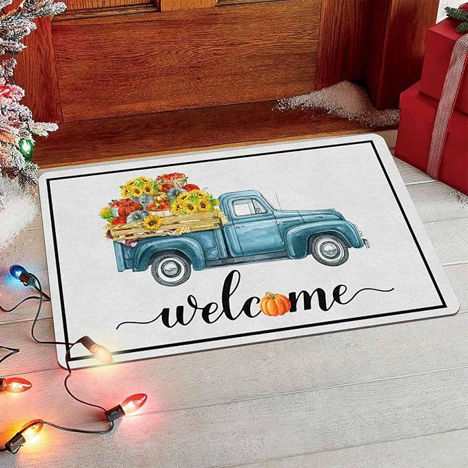 InterestPrint Happy-Thanksgiving Welcome Door Mat, Fall Truck Harvest Pumpkin Doormat for Front Door Outdoor Outside Entrance Porch Non Slip Rubber Rug Autumn Thanksgiving Farmhouse Decor