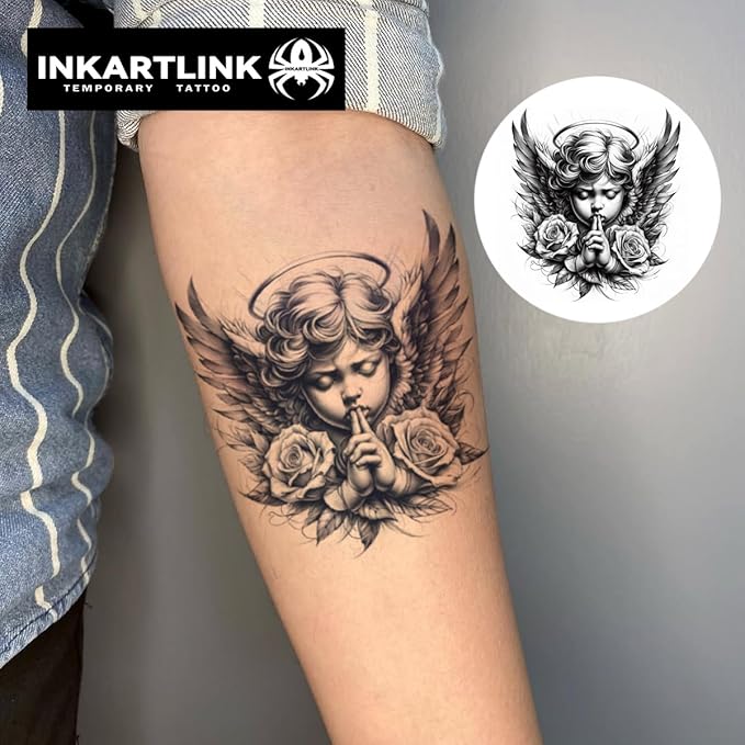 INKARTLINK Tattoo Tech, 2 Sheets Large Semi Permanent Tattoo, Temporary Tattoos, Last 1-2 Weeks, Waterproof, Realistic Look, No Adhesive, No Reflection （Religion Design)183