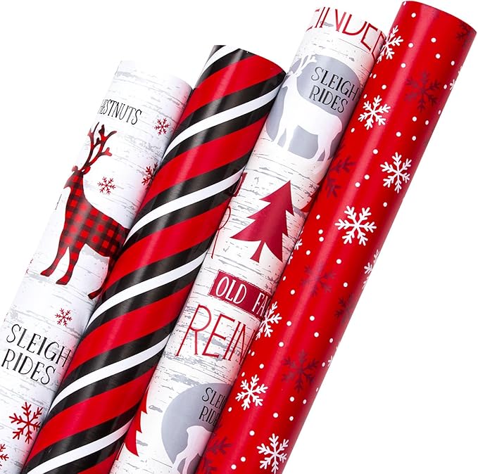 MAYPLUSS Christmas Wrapping Paper Jumbo Rolls with Gridlines - 30IN X 120IN - 4 Roll - Christmas Tree Snowflakes Reindeer Stripe for New Year Holiday Party Kids