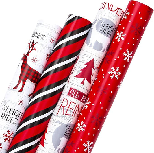 MAYPLUSS Christmas Wrapping Paper Jumbo Rolls with Gridlines - 30IN X 120IN - 4 Roll - Christmas Tree Snowflakes Reindeer Stripe for New Year Holiday Party Kids