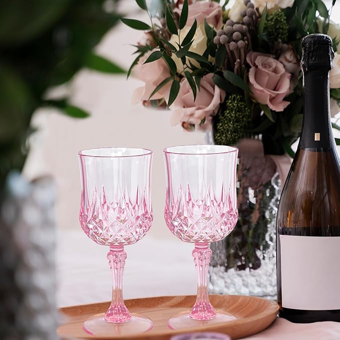 24 PCS Plastic Pink Wine Glasses Goblets Pink Vintage Wine Glasses, Reusable Drinkware Vintage Champagne, Plastic Goblets for Parties for Wedding Reception Grand Event Party, 7oz