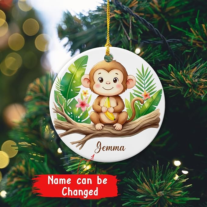 Customized Monkey Ceramic Ornament Christmas 2025, Gift for Boys Girls Son Daughter Grandkids from Family, Personalized Name Baby Monkey Lover Ornament, Animal Nature Keepsake, Animal Themed Decor