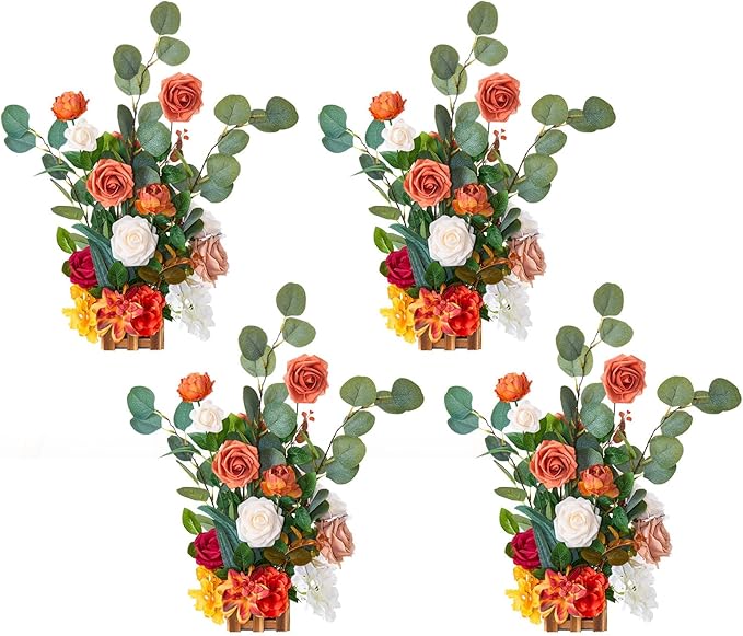 VEVOR Standing Artificial Flowers Arrangements 4 PCS, 17.5-Inch Tall Faux Flower Decorations for Wedding Aisle Runner Chair, Orange Floral Centerpieces for Ceremony Reception Party Outdoor Decor