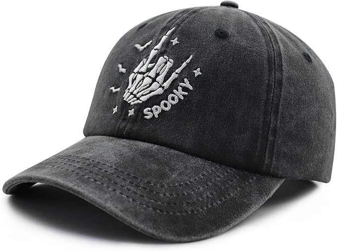 Halloween Spooky Hat for Men Women, Funny Adjustable Cotton Embroidered Skeleton Hand Baseball Cap
