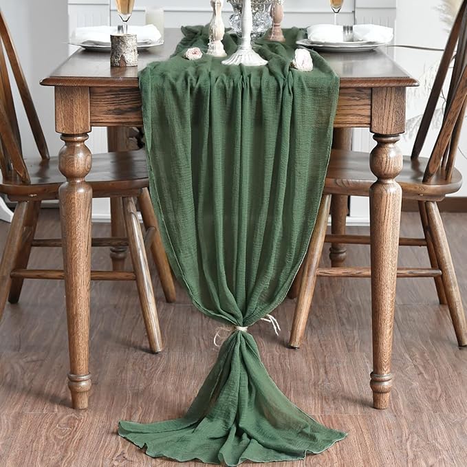 Artoid Mode Boho Cheesecloth Gauze Forest Green Wedding Table Runner, 120 Inch Seasonal Fabric Kitchen Dining Holiday Table Decor for Home Party Indoor