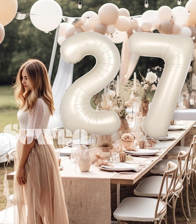 SUWEN 40 Inch Large Cream White 27 Balloon Numbers Big Foil Helium Number Balloons 0-9 Jumbo Happy 27th Mylar Birthday Party Decorations for Women or Men 72 Anniversary Party Supplies