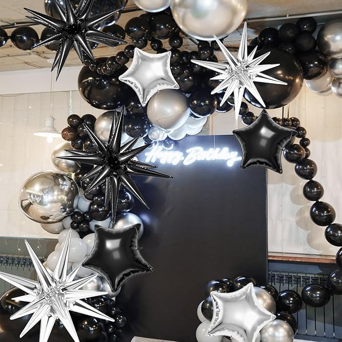 22 Pcs Star Balloons,22/18/10 Inch Star Foil Mylar Balloon,Spike Balloon and Four Pointed Balloons for Party Supplies Christmas Birthday Wedding Photo Booth (Black Silver)