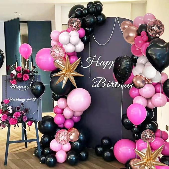 Hot Pink Black and White Balloon Garland Arch Kit, 156Pcs Black Pastel Pink White Rose Gold Balloons with Exploding Star for Birthday Mean Girls Boss Baby Barbie Minnie