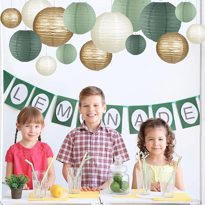Paper Lanterns Decorative, Round Hanging Paper Lanterns Decorations for Rustic Party Bridal Shower Wedding Sage Green Birthday Party Supplies Gold/Ivory/Sage Green 15pcs