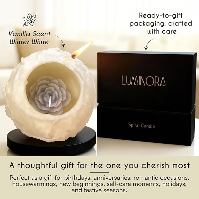 LUMINORA Unique Spiral Scented Candle | Hand-Crafted Soy Decorative Candle with Mesmerizing Spiral Burn, Twisted Wave Design & Premium Gift Box | Winter White | Vanilla Scent |