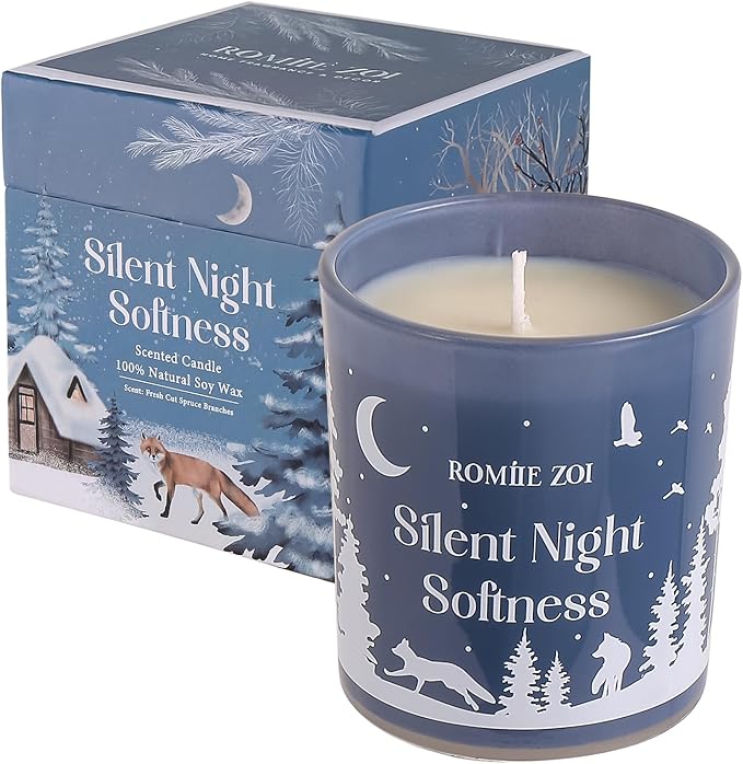 ROMIIE ZOI Christmas Scented Jar Candle - 6oz Soy Wax Candle - Silent Night Softness Infused with Fresh Cut Spruce Branches Aroma - with Beautiful Keepsake Box Special for Christmas/Holiday Gifts