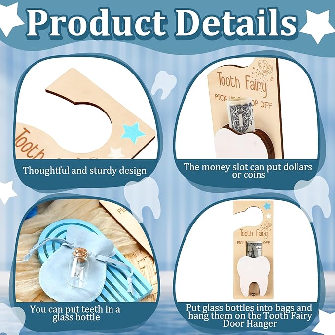 Tooth Fairy Holder Bag Hanger with Money Slot Keepsake Bottle Velvet Pouch Tooth Fairy Box Encourage Gift for Lost Teeth Boy Girl Milk(Classic,Blue)