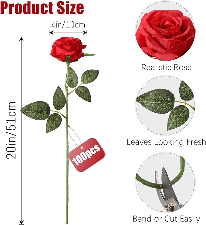 Tifuly 100 Pcs Red Roses Artificial Flowers Bulk, Realistic Long Stem Fake Silk Roses Bouquet for Wedding Centerpiece Table Vases Party Home Kitchen Decor