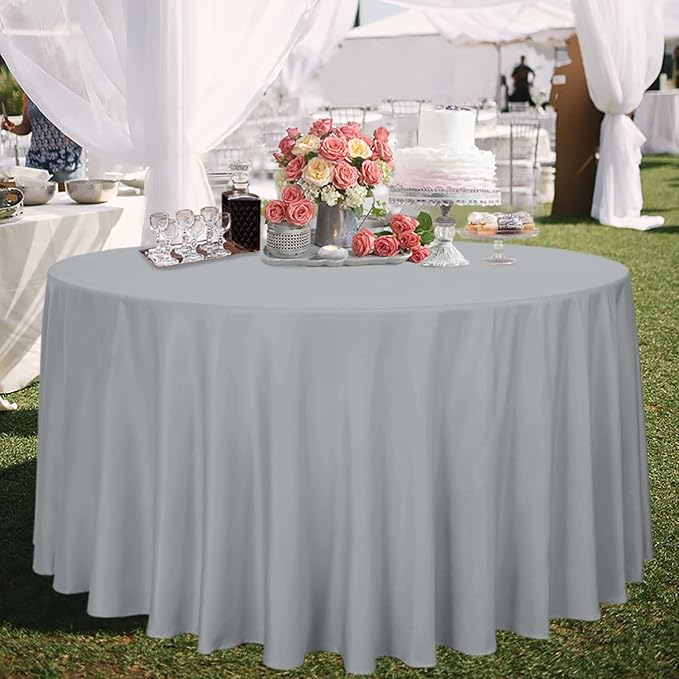 sancua Round Tablecloth - 108 Inch - Water Resistant Spill Proof Washable Polyester Table Cloth Decorative Fabric Table Cover for Dining Tables, Buffet Parties and Camping, Silver Grey