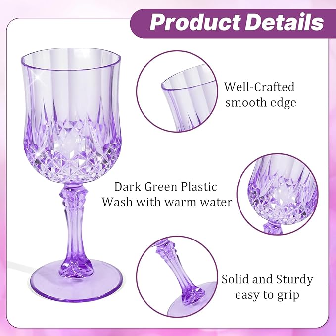 48 Pcs Plastic Purple Wine Drinking Glasses, Plastic Water Goblets Purple Vintage Reusable Drinkware Vintage Champagne glassware for Wedding Reception Grand Event Party, 7oz
