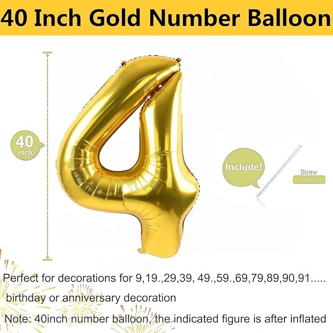 40 inch Gold Number Balloon Giant Foil Helium Balloons Gold Number 4 Balloon for 4th Birthday Party Anniversary Decorations Supplies