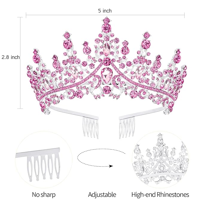 Velscrun Pink Crystal Birthday Queen Tiara Crown for Women Girls Birthday Queen Headband Sash Elegant Princess Crown with Combs Hair Accessories Happy Birth Party Decorations Mom Birth Gift