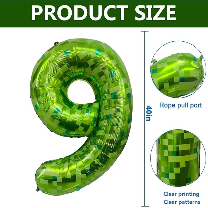 Green Number Balloons, Gaint Green Pixel Number 9 Balloon 40 Inch Dark green 9 Balloon for Boys Girls Kids 9th Birthday Party Decoration