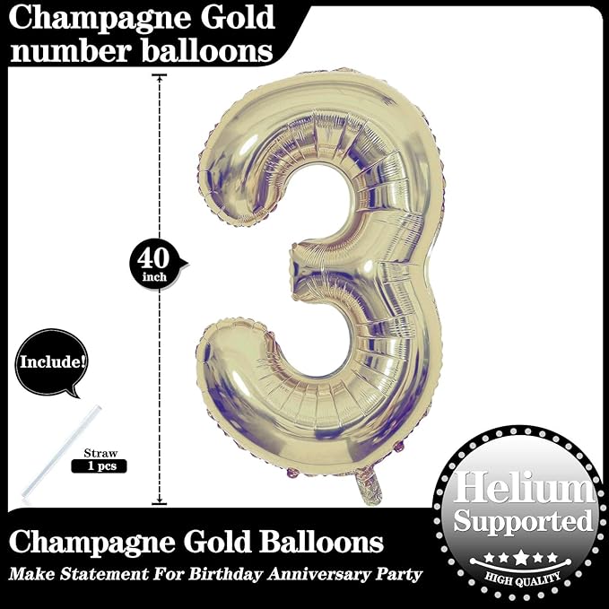 Champagne Gold 3 Number Balloons, 40 Inch Giant Number 3 Balloons Foil Mylar Helium Light Gold Number Balloons for 3th Birthday Party Supplies Anniversary Event Celebration Decorations