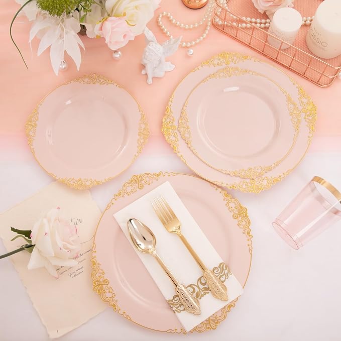 Morejoy 175pcs Pink Plastic Plates - Pink and Gold Disposable Plates, 10.25 inch Plastic Dinner Plates, Perfect for Wedding & Party & Holiday